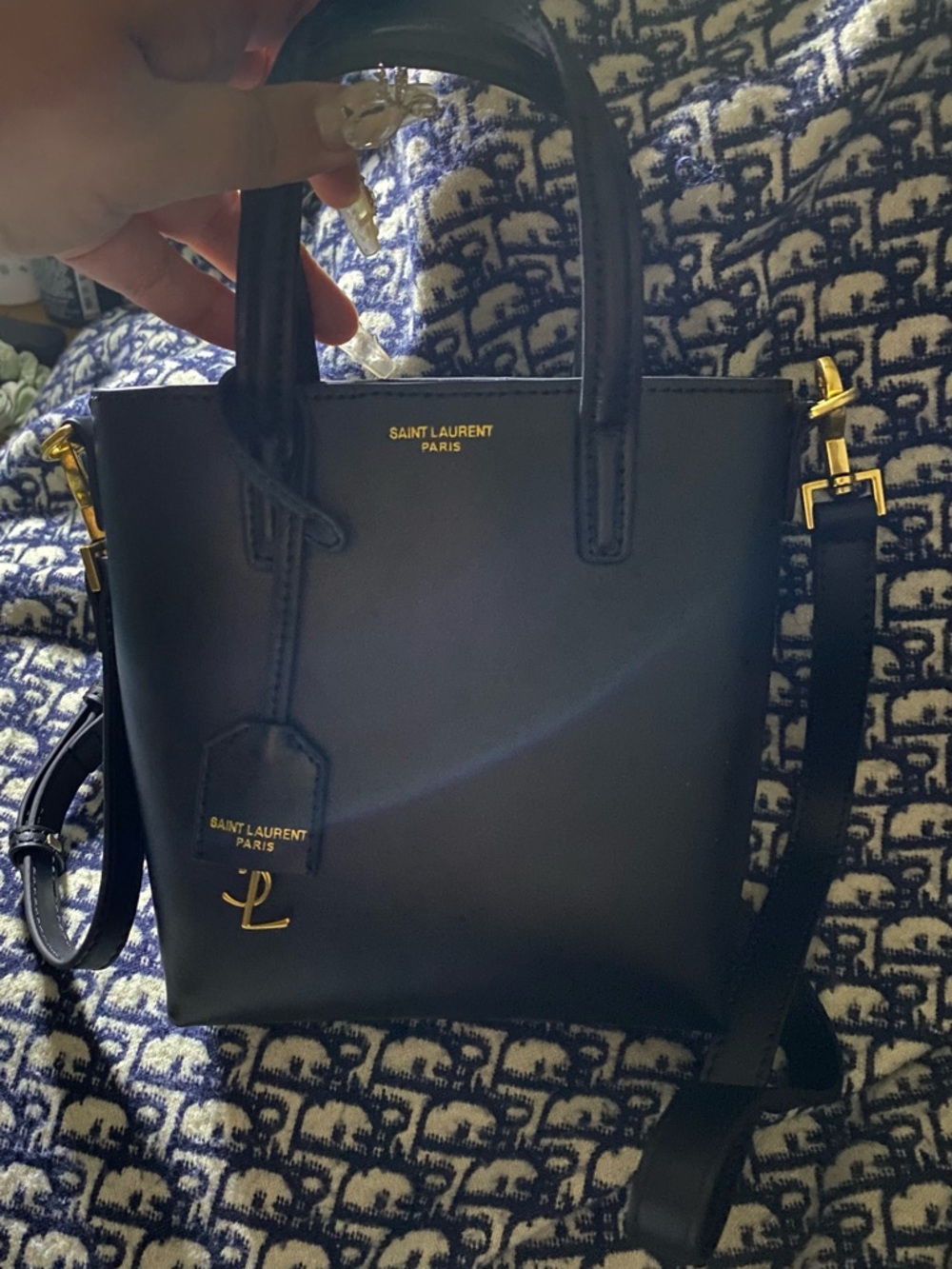 Saint Laurent Black Leather Tote with Gold Hardware Accent